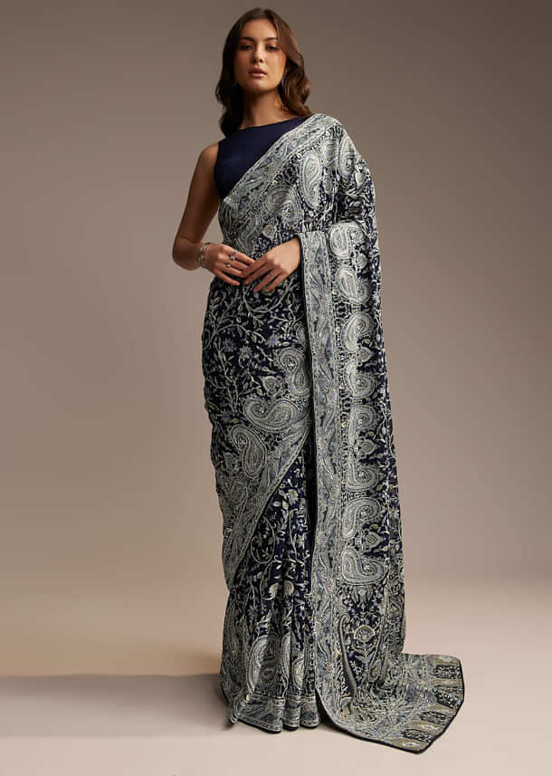 Navy Blue Georgette Saree with Heavy Floral Embroidery