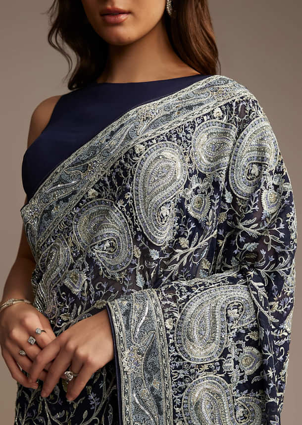 Navy Blue Georgette Saree with Heavy Floral Embroidery