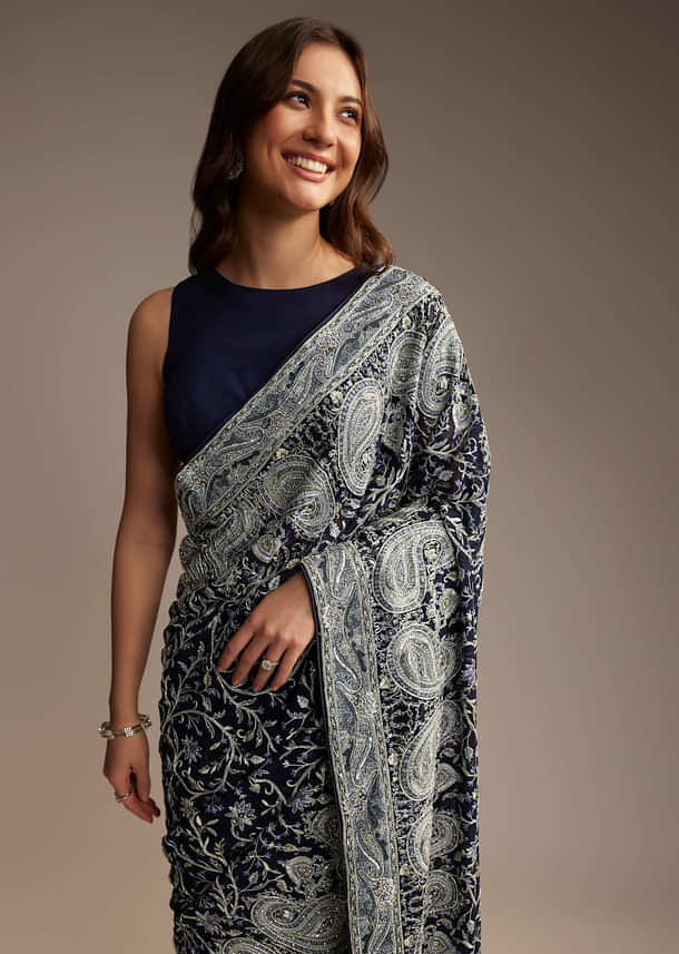 Navy Blue Georgette Saree with Heavy Floral Embroidery