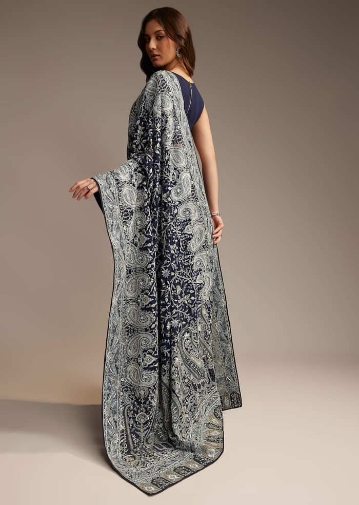 Navy Blue Georgette Saree with Heavy Floral Embroidery