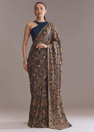 Navy Blue Georgette Saree With Kashmiri Kashida Embroidery