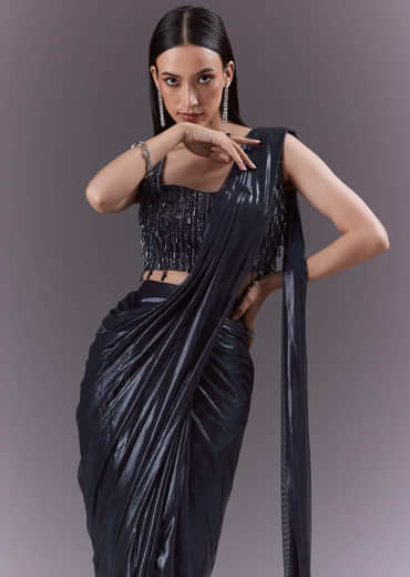 Navy Blue Imported Fabric Ready Pleated Saree With Heavy Embroidery