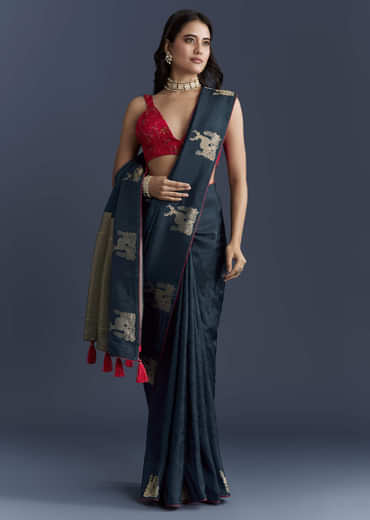 Navy Blue Jacquard Woven Saree With Intricate Zari Embroidery