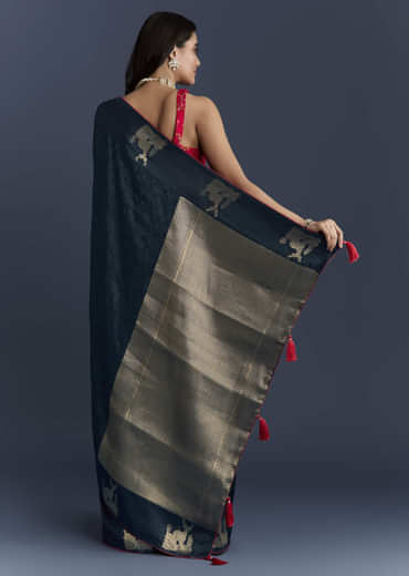 Navy Blue Jacquard Woven Saree With Intricate Zari Embroidery