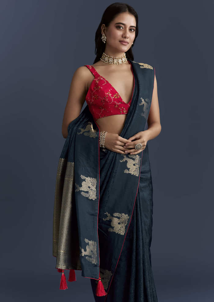 Navy Blue Jacquard Woven Saree With Intricate Zari Embroidery