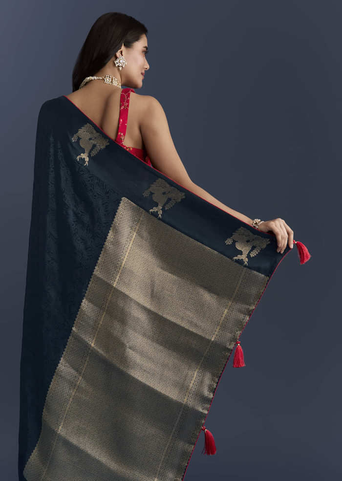 Navy Blue Jacquard Woven Saree With Intricate Zari Embroidery