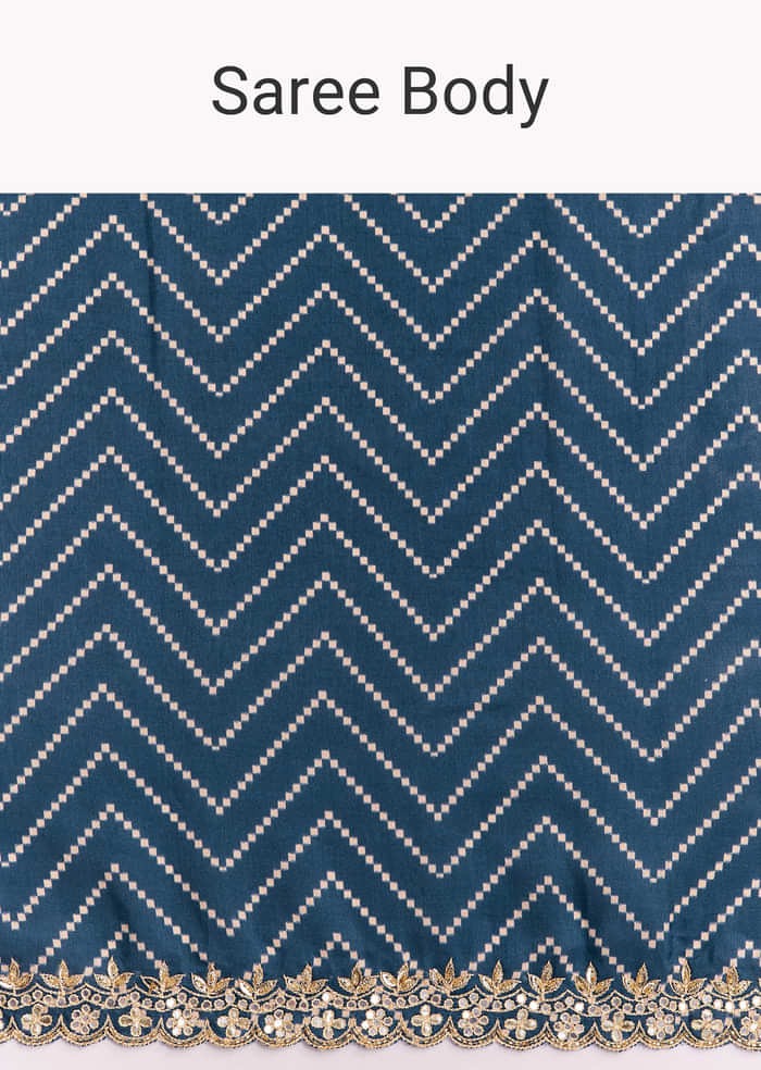 Navy Blue Muslin Ajrakh Printed Saree With Gota And Mirror Work