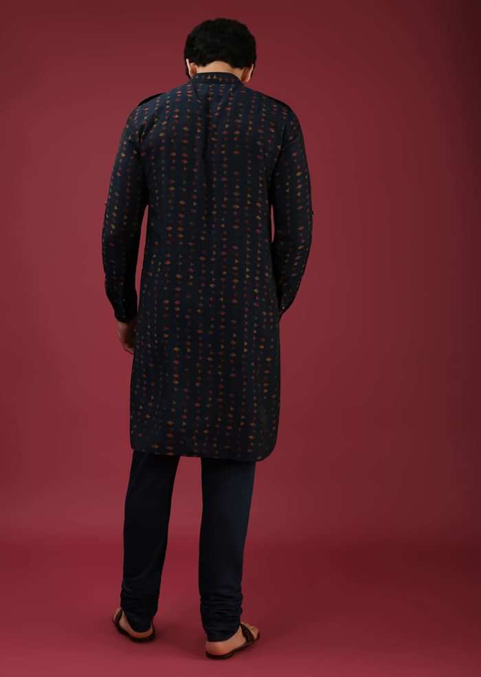 Navy Blue Nehru Jacket With Block Printed Floral Buttis And Geometric Printed Kurta Set