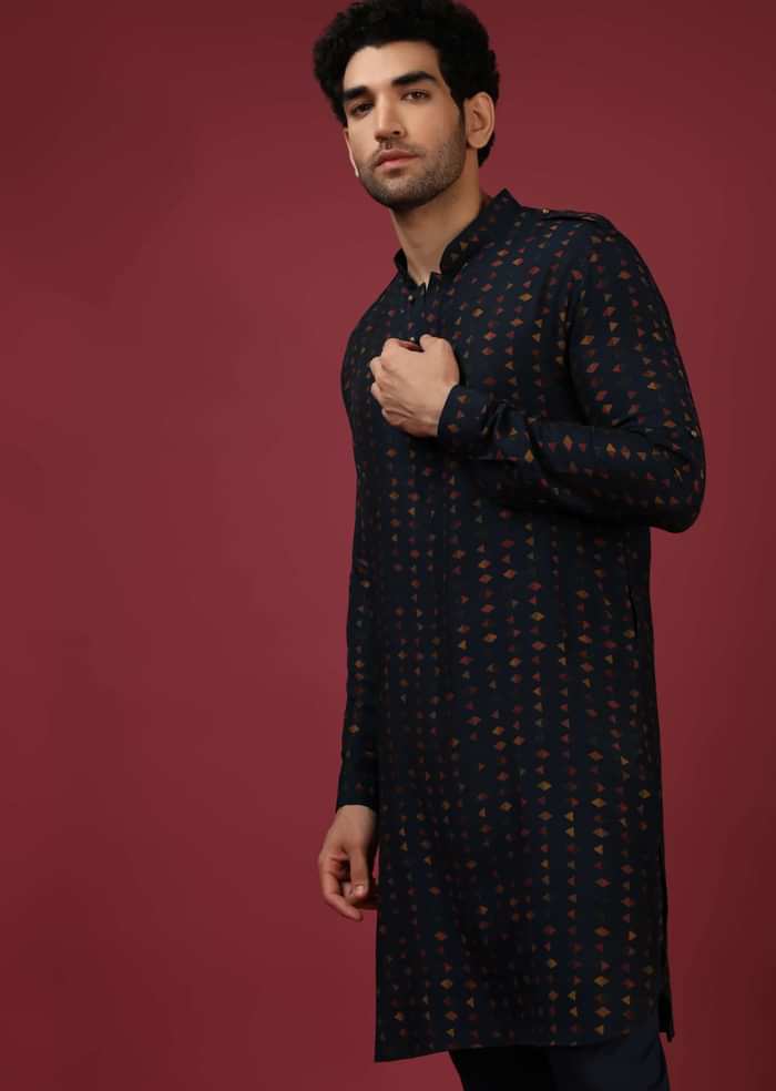Navy Blue Nehru Jacket With Block Printed Floral Buttis And Geometric Printed Kurta Set