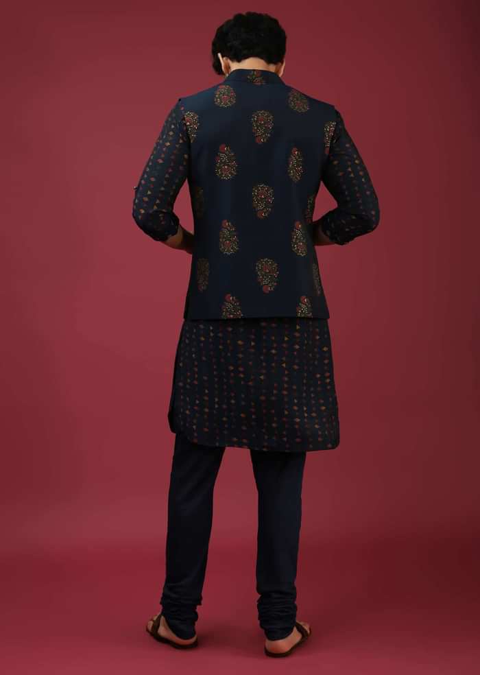Navy Blue Nehru Jacket With Block Printed Floral Buttis And Geometric Printed Kurta Set
