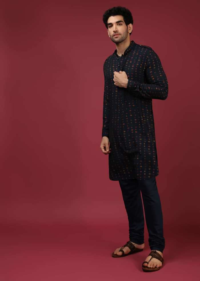 Navy Blue Nehru Jacket With Block Printed Floral Buttis And Geometric Printed Kurta Set