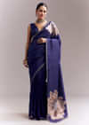 Navy Blue Organza Silk Saree With Floral Embroidery And Cutwork