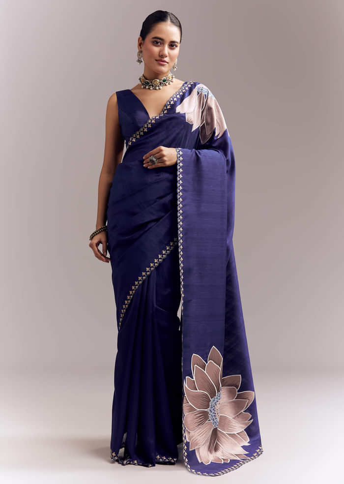 Navy Blue Organza Silk Saree With Floral Embroidery And Cutwork