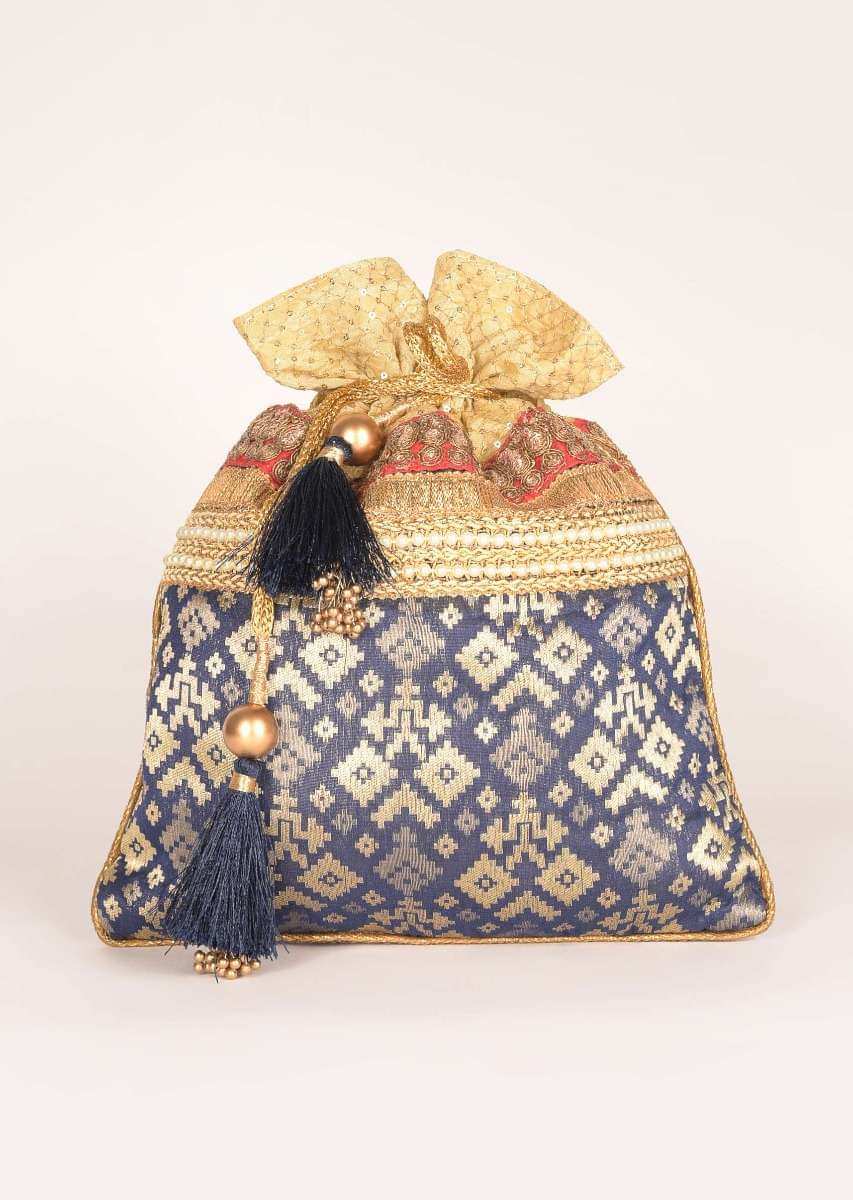 Navy Blue Potli In Brocade And Embroidery Work Online - Kalki Fashion