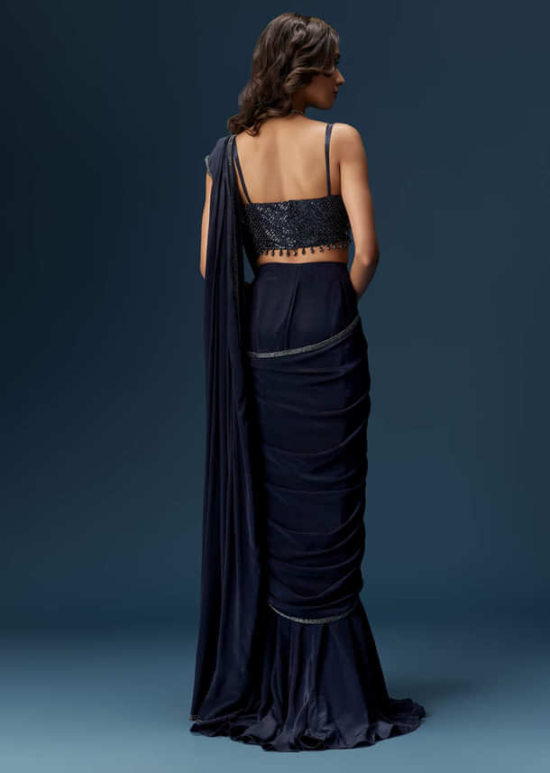 Navy Blue Pre Draped Saree With Embroidered Blouse