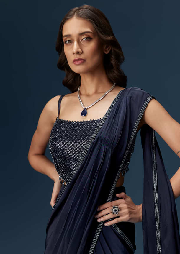 Navy Blue Pre Draped Saree With Embroidered Blouse