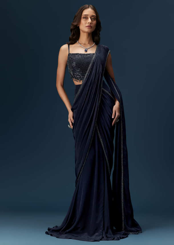 Navy Blue Pre Draped Saree With Embroidered Blouse
