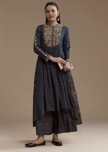 Navy Blue Printed Cotton Kurta and Palazzo Set