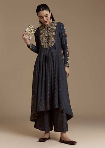 Navy Blue Printed Cotton Kurta and Palazzo Set