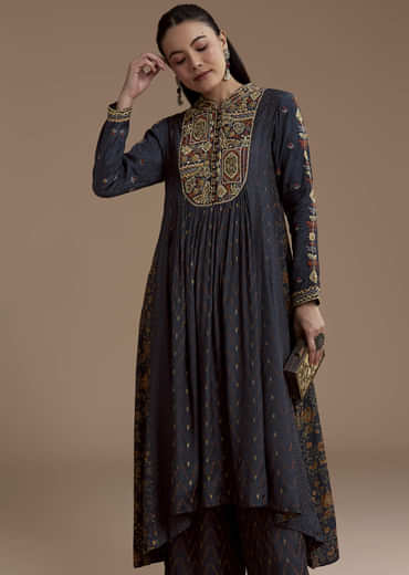 Navy Blue Printed Cotton Kurta and Palazzo Set