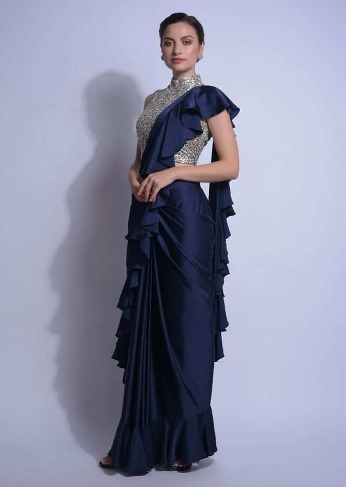 Navy Blue Ready Pleated Ruffle Saree In Satin With Sequins Embellished Blouse Online - Kalki Fashion