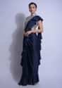 Navy Blue Ready Pleated Ruffle Saree In Satin With Sequins Embellished Blouse Online - Kalki Fashion