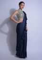 Navy Blue Ready Pleated Ruffle Saree In Satin With Sequins Embellished Blouse Online - Kalki Fashion
