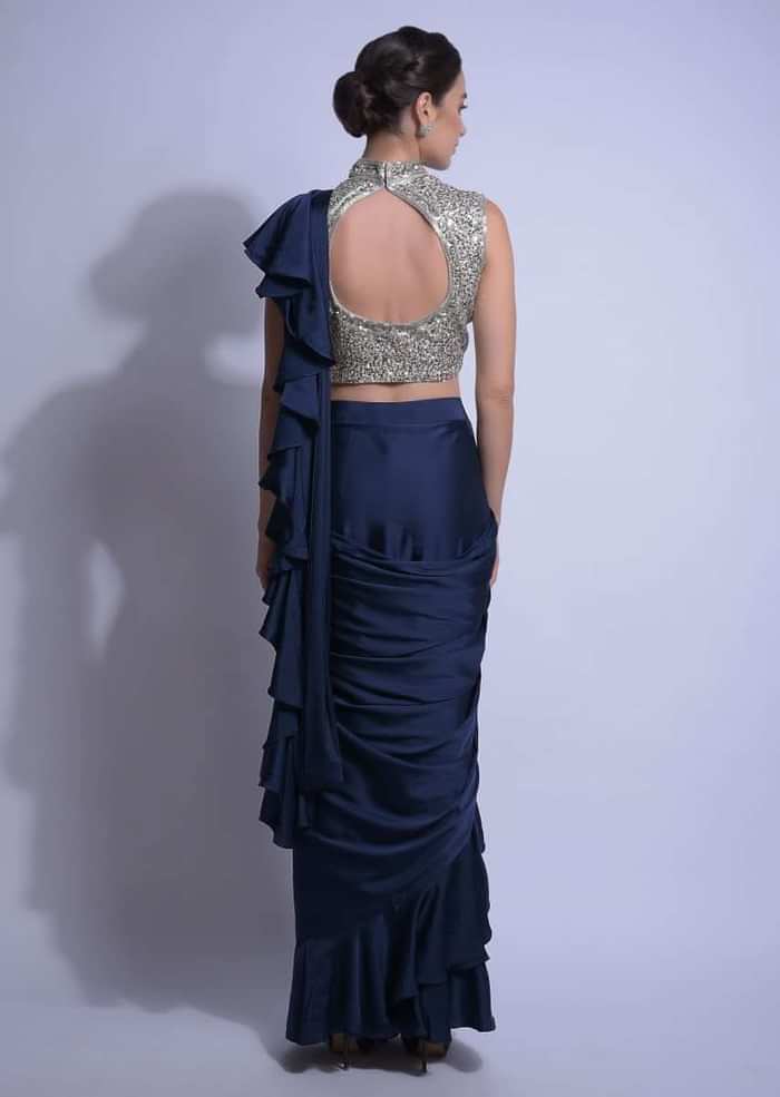 Navy Blue Ready Pleated Ruffle Saree In Satin With Sequins Embellished Blouse Online - Kalki Fashion