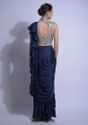Navy Blue Ready Pleated Ruffle Saree In Satin With Sequins Embellished Blouse Online - Kalki Fashion