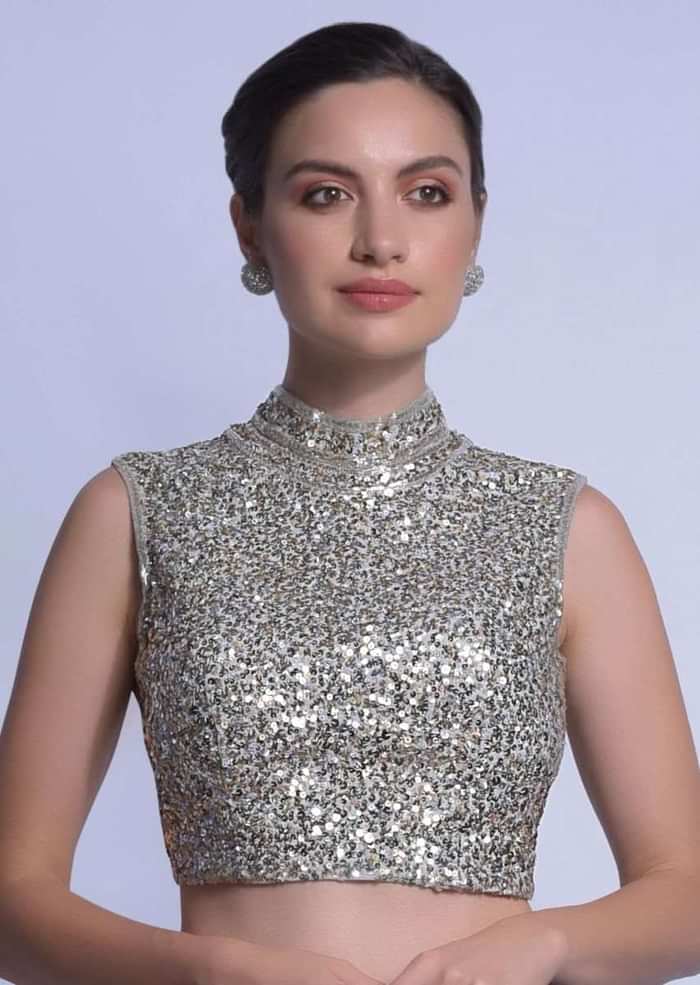 Navy Blue Ready Pleated Ruffle Saree In Satin With Sequins Embellished Blouse Online - Kalki Fashion