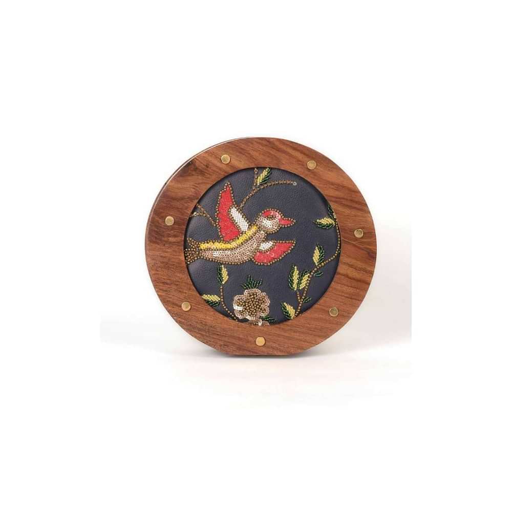Navy Blue Round Clutch With Vintage Wooden Frame And Embroidery In Bird Motif Online - Kalki Fashion