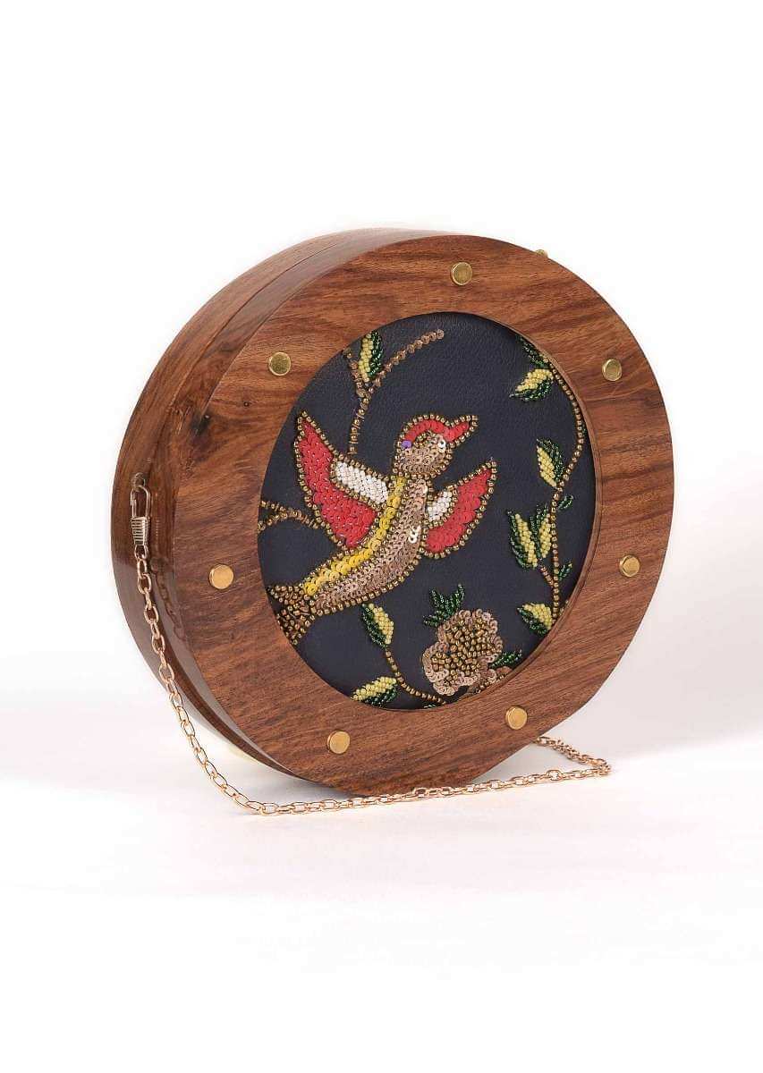 Navy Blue Round Clutch With Vintage Wooden Frame And Embroidery In Bird Motif Online - Kalki Fashion
