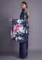 Navy Blue Saree In Satin Blend Adorned With Floral Print And Kundan Accents Online - Kalki Fashion