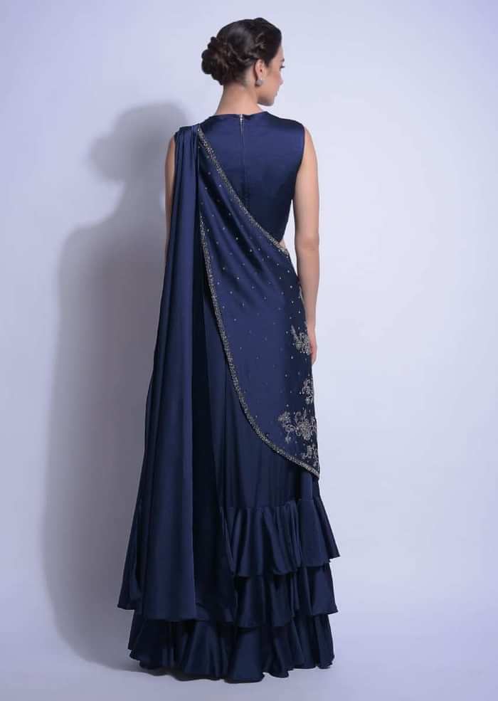 Navy Blue Saree With Layered Ruffles And Ready Stitched Embellished Pallu Online - Kalki Fashion