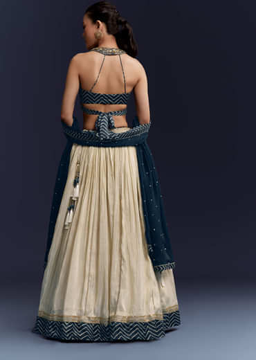 Navy Blue Satin Bridesmaid Lehenga With Hand Dyed Chevron Print Choli