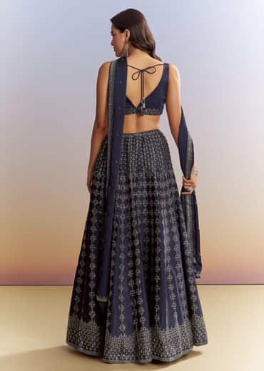 Navy Blue Satin Bridesmaid Lehenga With Stone Work