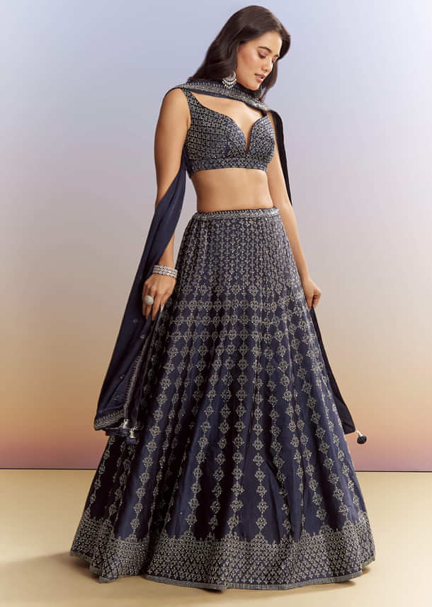 Navy Blue Satin Bridesmaid Lehenga With Stone Work