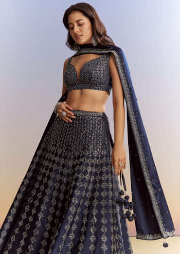 Navy Blue Satin Bridesmaid Lehenga With Stone Work
