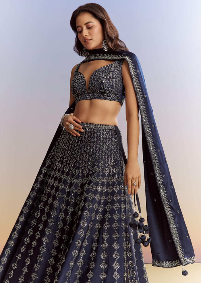 Navy Blue Satin Bridesmaid Lehenga With Stone Work