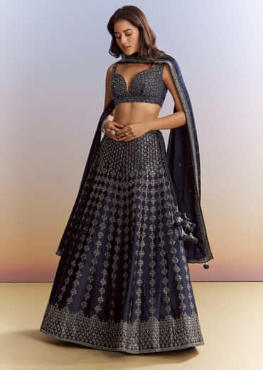 Navy Blue Satin Bridesmaid Lehenga With Stone Work