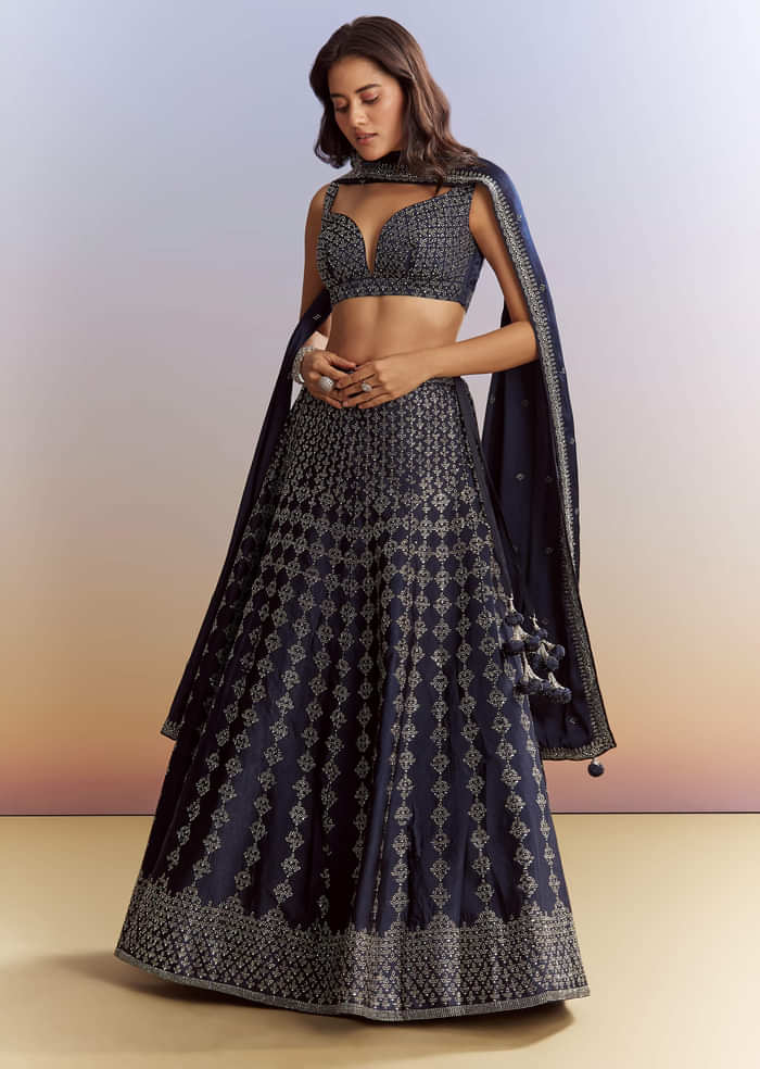 Navy Blue Satin Bridesmaid Lehenga With Stone Work