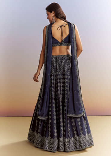 Navy Blue Satin Bridesmaid Lehenga With Stone Work