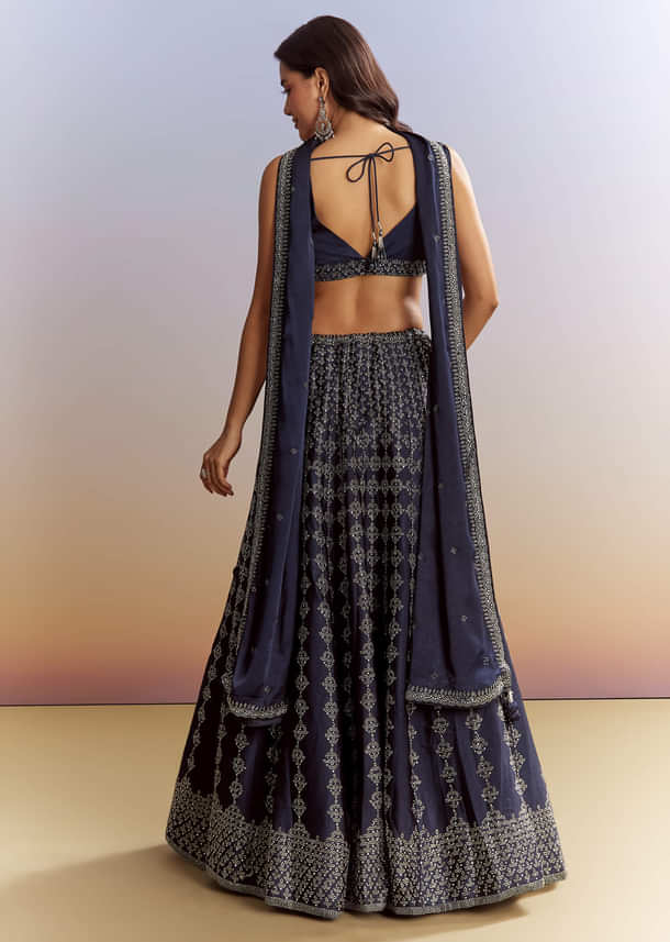 Navy Blue Satin Bridesmaid Lehenga With Stone Work