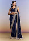 Navy Blue Satin Chinon Saree With Heavy Hand Embroidery