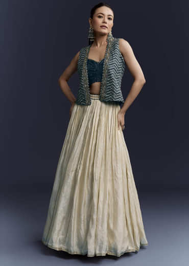 Navy Blue Satin Festive Lehenga With Hand Dyed Chevron Print Jacket Navy Blue Satin Festive Lehenga With Hand Dyed Chevron Print Jacket