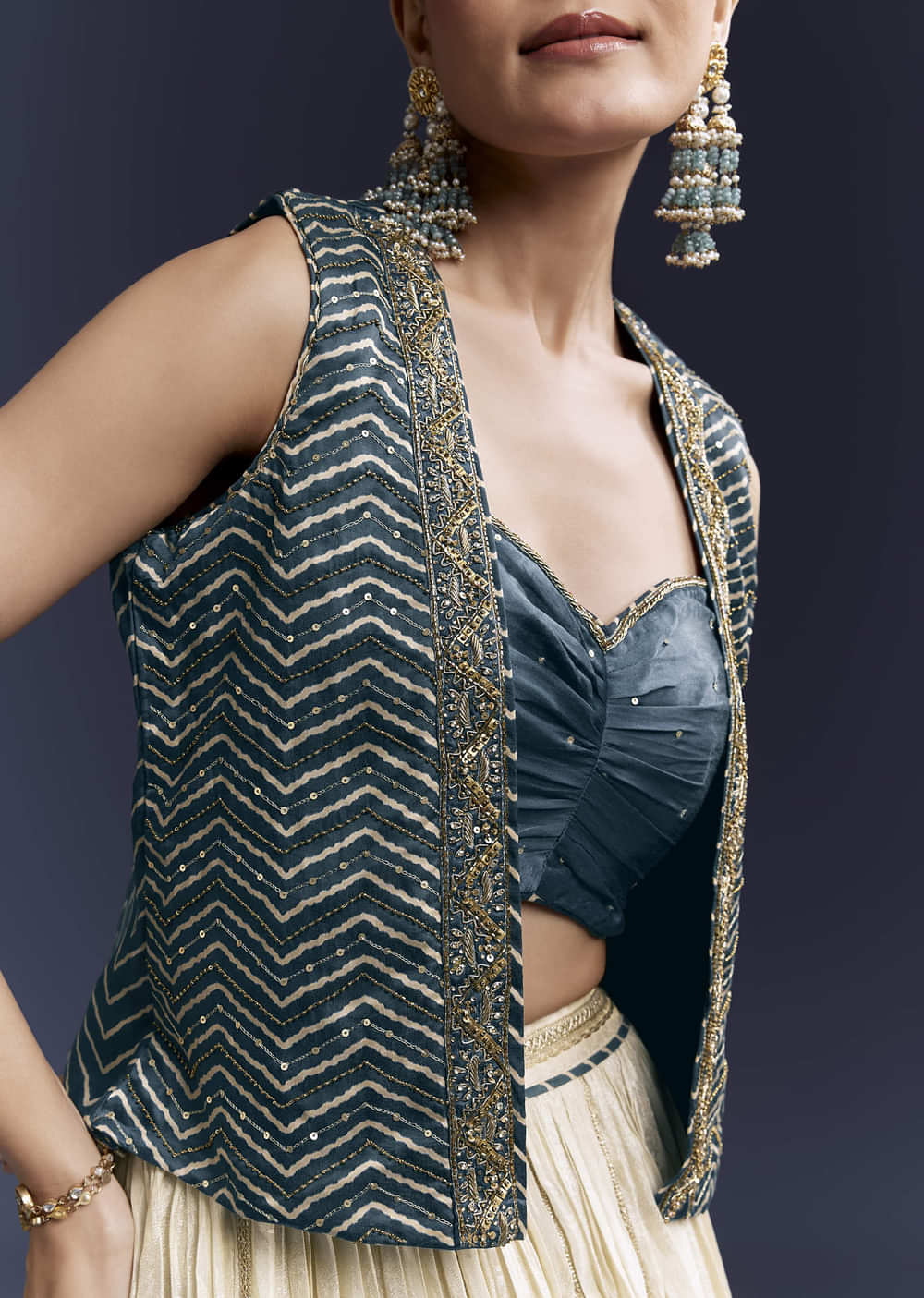 Navy Blue Satin Festive Lehenga With Hand Dyed Chevron Print Jacket