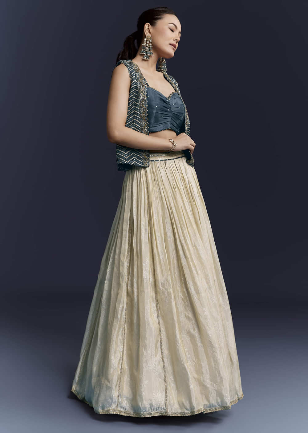 Navy Blue Satin Festive Lehenga With Hand Dyed Chevron Print Jacket