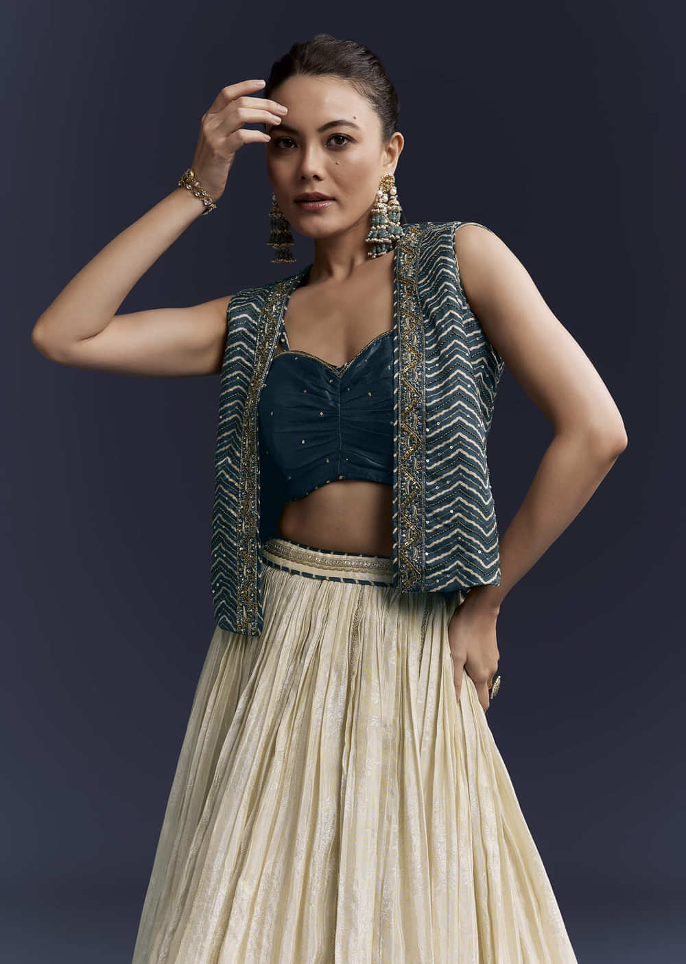 Navy Blue Satin Festive Lehenga With Hand Dyed Chevron Print Jacket