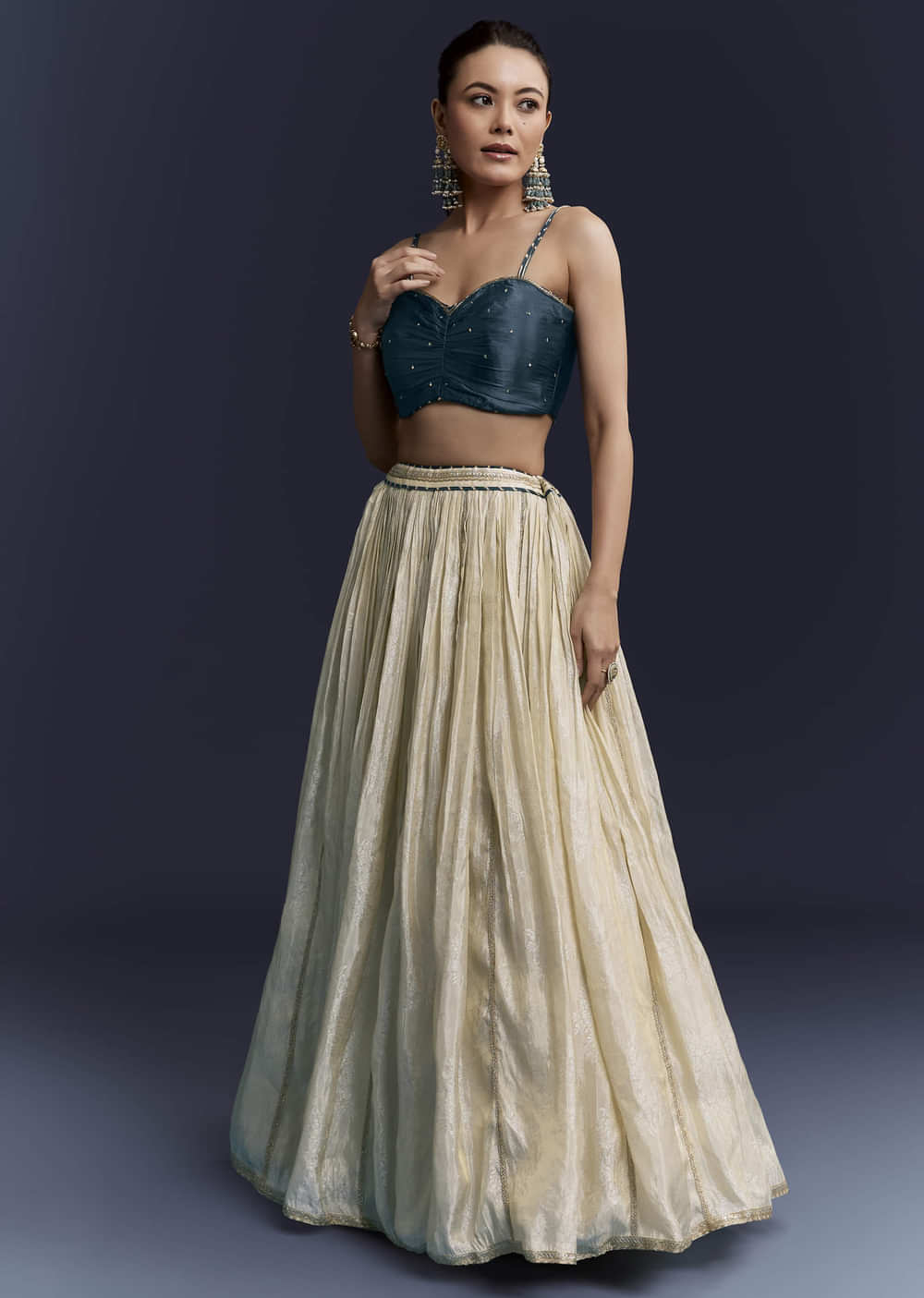 Navy Blue Satin Festive Lehenga With Hand Dyed Chevron Print Jacket
