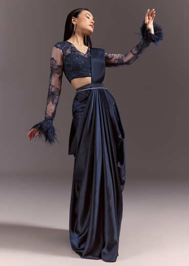 Navy Blue Satin Pleated Saree With Full Sleeve V Neck Blouse